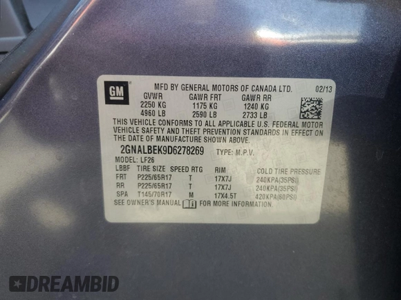 2013 Chevrolet Equinox LS with VIN 2GNALBEK9D6278269, listed as a Copart auction lot 54187555 with 163,775 mi miles and Salvage Title. Bid and sale history available at DreamBid. Image 13.