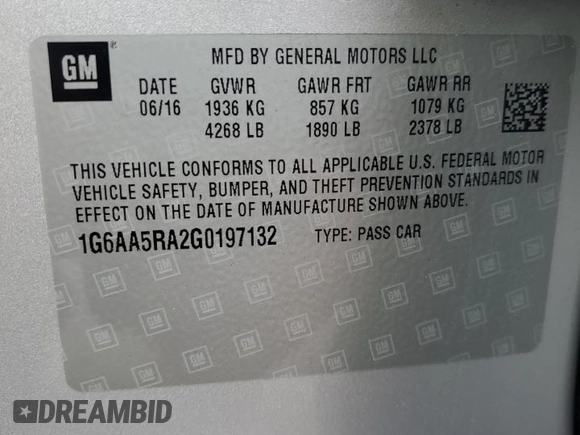 2016 Cadillac ATS Standard RWD with VIN 1G6AA5RA2G0197132, listed as a Copart auction lot 85958904 with 37,756 mi miles and Salvage title. Bid and sale history available at DreamBid. Image 14.