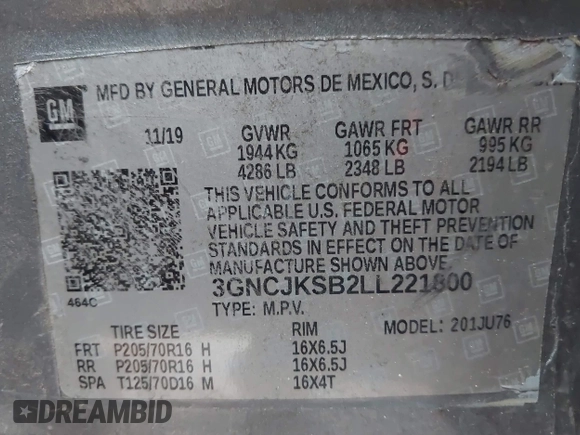 2020 Chevrolet Trax LS with VIN 3GNCJKSB2LL221800, listed as a IAAI auction lot 42196637 with 43,085 mi miles and . Bid and sale history available at DreamBid. Image 9.