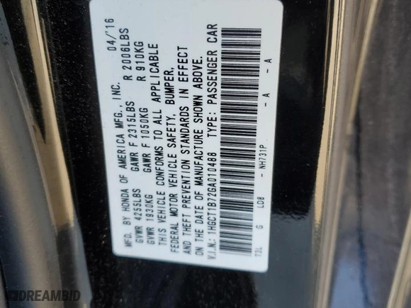 2016 Honda Accord Coupe EX with VIN 1HGCT1B72GA010488, listed as a Copart auction lot 88514945 with 100,493 mi miles and Salvage Title. Bid and sale history available at carsss.com. Image 12.