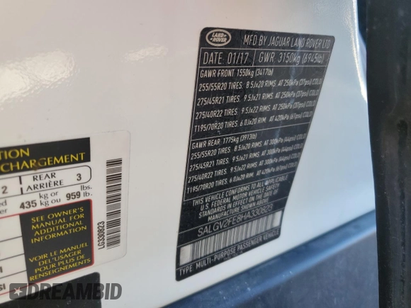 2017 Land Rover Range Rover Autobiography with VIN SALGV2FE8HA330823, listed as a Copart auction lot 50125554 with 93,763 mi miles and Salvage title. Bid and sale history available at DreamBid. Image 14.