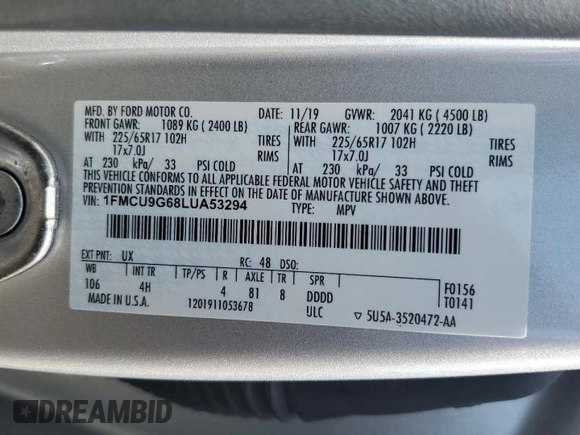 2020 Ford Escape SE with VIN 1FMCU9G68LUA53294, listed as a Copart auction lot 57665695 with 83,837 mi miles and Salvage title. Bid and sale history available at DreamBid. Image 13.