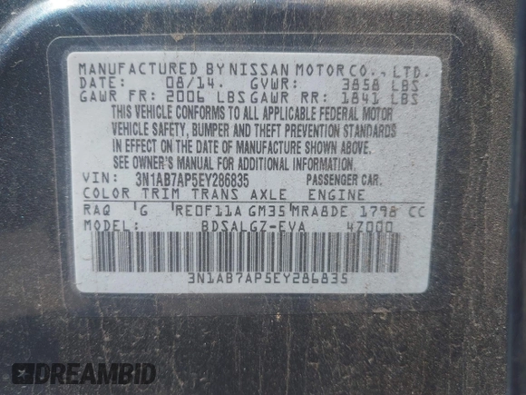 2014 Nissan Sentra SV with VIN 3N1AB7AP5EY286835, listed as a IAAI auction lot 42183254 with 114,387 mi miles and . Bid and sale history available at DreamBid. Image 9.