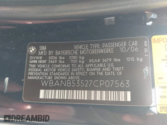 2007 BMW 5 Series 550i z VIN WBANB53527CP07563, wystawiony jako IAAI lot #42423575 z przebiegiem 122 091 mil mil oraz . Historia ofert i sprzedaży dostępna na DreamBid. Obrazek 9.