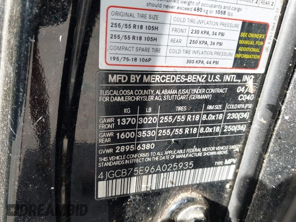 2006 Mercedes-Benz R 5.0L with VIN 4JGCB75E96A025935, listed as a IAAI auction lot 42652638 with 130,799 mi miles and . Bid and sale history available at DreamBid. Image 9.