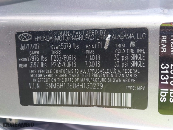 2008 Hyundai Santa Fe SE with VIN 5NMSH13E08H130239, listed as a IAAI auction lot 42057940 with 102,728 mi miles. Bid and sale history available at carsss.com. Image 9.