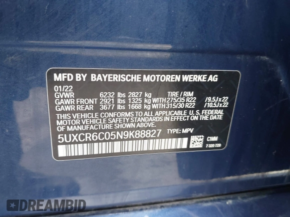 2022 BMW X5 xDrive40i with VIN 5UXCR6C05N9K88827, listed as a IAAI auction lot 41823531 with 66,021 mi miles and . Bid and sale history available at DreamBid. Image 9.