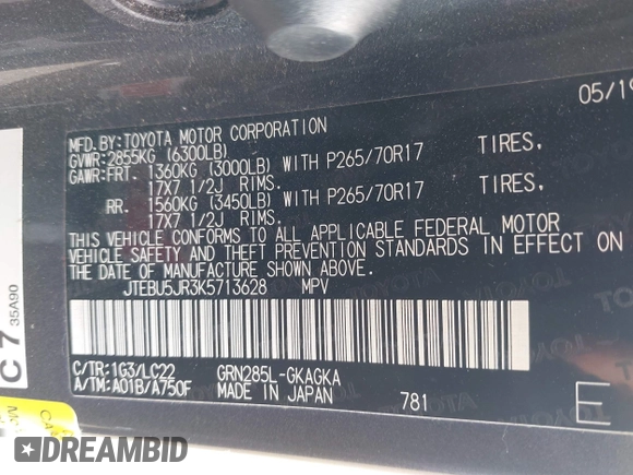 2019 Toyota 4Runner SR5 with VIN JTEBU5JR3K5713628, listed as a IAAI auction lot 42003303 with 65,026 mi miles and . Bid and sale history available at DreamBid. Image 9.