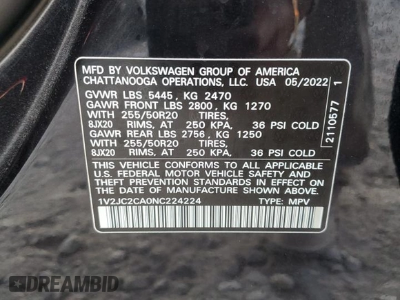 2022 Volkswagen Atlas SE with VIN 1V2JC2CA0NC224224, listed as a Copart auction lot 74612554 with 49,249 mi miles and Salvage title. Bid and sale history available at DreamBid. Image 13.