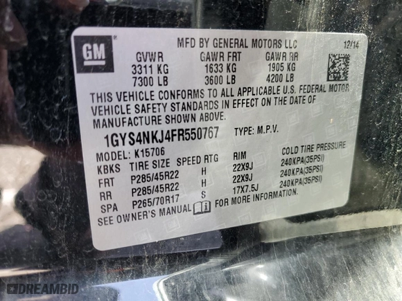 2015 Cadillac Escalade Premium with VIN 1GYS4NKJ4FR550767, listed as a Copart auction lot 45605755 with 121,862 mi miles and Salvage Title. Bid and sale history available at carsss.com. Image 13.