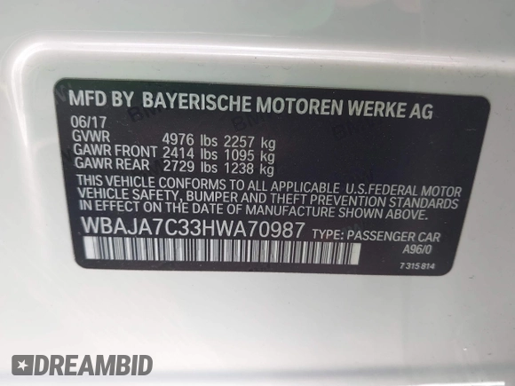 2017 BMW 5 Series 530i xDrive with VIN WBAJA7C33HWA70987, listed as a IAAI auction lot 41721231 with 99,507 mi miles and . Bid and sale history available at carsss.com. Image 9.