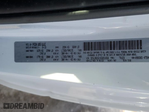 2019 Ram 1500 Tradesman with VIN 3C6JR6DG1KG651650, listed as a Copart auction lot 56770405 with 164,869 mi miles and Salvage title. Bid and sale history available at DreamBid. Image 12.