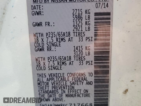 2014 Nissan Pathfinder SL with VIN 5N1AR2MM8EC717668, listed as a Copart auction lot 57123965 with 158,383 mi miles and Clean title. Bid and sale history available at DreamBid. Image 13.