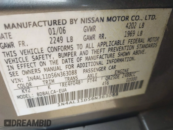2006 Nissan Altima 2.5 S with VIN 1N4AL11D56N363088, listed as a IAAI auction lot 39769492 with 139,652 mi miles. Bid and sale history available at carsss.com. Image 9.