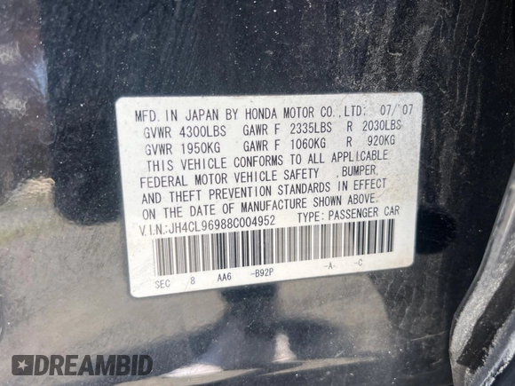 2008 Acura TSX Nav with VIN JH4CL96988C004952, listed as a Copart auction lot 55458045 with 171,028 mi miles and Clean Title. Bid and sale history available at DreamBid. Image 10.