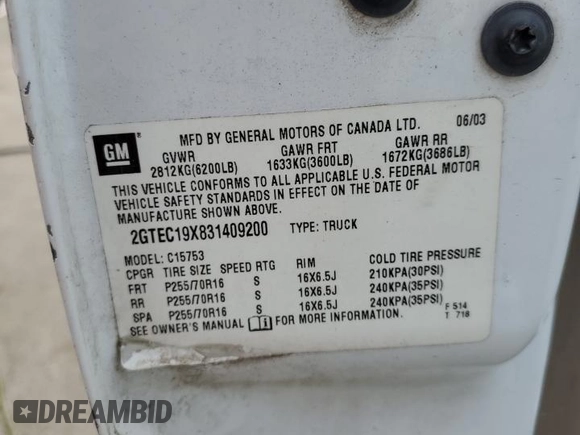 2003 GMC Sierra 1500 with VIN 2GTEC19X831409200, listed as a Copart auction lot 63047614 with Not Provided miles and Salvage Title. Bid and sale history available at DreamBid. Image 12.