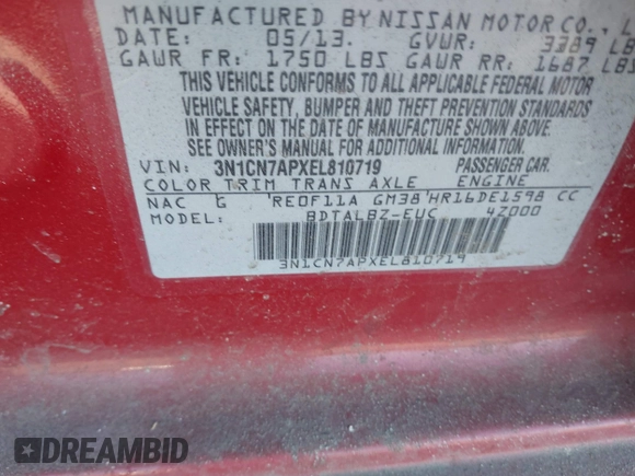 2014 Nissan Versa S Plus with VIN 3N1CN7APXEL810719, listed as a IAAI auction lot 41713483 with Not Provided miles. Bid and sale history available at carsss.com. Image 9.