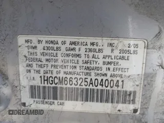 2005 Honda Accord LX z VIN 1HGCM66325A040041, wystawiony jako IAAI lot #41997495 z przebiegiem 177 632 mil mil oraz . Historia ofert i sprzedaży dostępna na DreamBid. Obrazek 9.