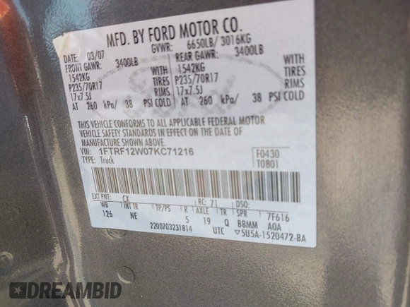 2007 Ford F-150 XL with VIN 1FTRF12W07KC71216, listed as a IAAI auction lot 41893402 with 240,177 mi miles. Bid and sale history available at carsss.com. Image 9.