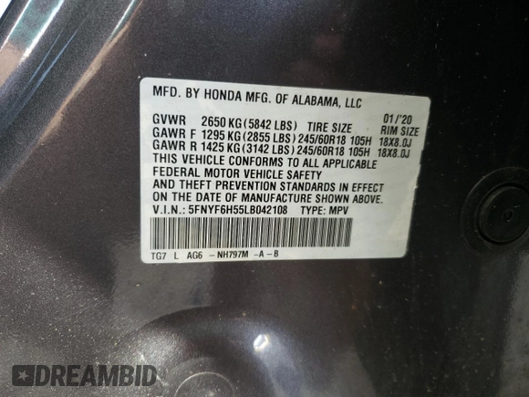 2020 Honda Pilot EX-L z VIN 5FNYF6H55LB042108, wystawiony jako Copart lot #63163755 z przebiegiem Nie podano mil oraz Szkoda całkowita • Salvage title. Historia ofert i sprzedaży dostępna na DreamBid. Obrazek 14.