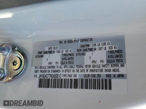 2021 Mazda MX-5 Miata Grand Touring with VIN JM1NDAD77M0459510, listed as a Copart auction lot 68654874 with 39,657 mi miles and Salvage title. Bid and sale history available at DreamBid. Image 12.