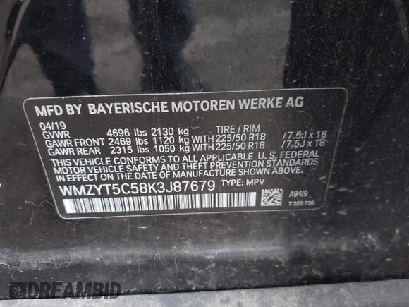 2019 MINI Countryman Cooper S with VIN WMZYT5C58K3J87679, listed as a IAAI auction lot 41711500 with 74,433 mi miles. Bid and sale history available at carsss.com. Image 9.