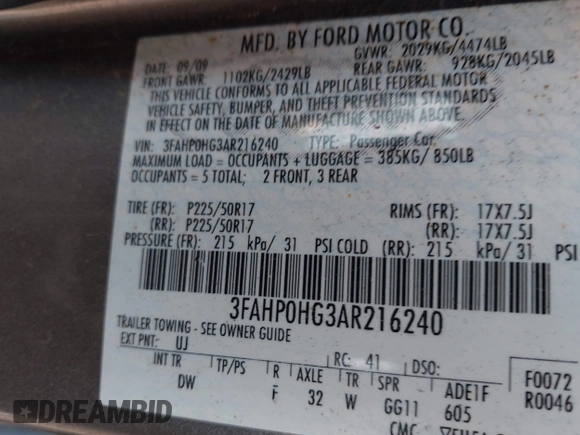 2010 Ford Fusion SE with VIN 3FAHP0HG3AR216240, listed as a IAAI auction lot 42736604 with 75,872 mi miles and . Bid and sale history available at DreamBid. Image 9.