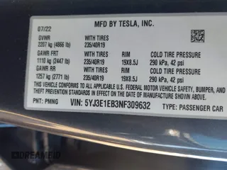 2022 Tesla Model 3 Long Range with VIN 5YJ3E1EB3NF309632, listed as a IAAI auction lot 41808987 with Not Provided miles and . Bid and sale history available at DreamBid. Image 8.