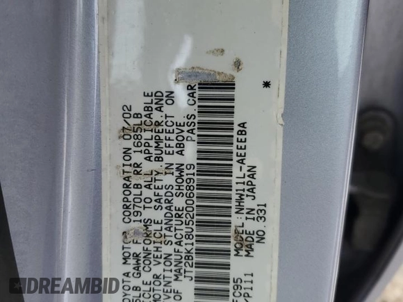 2002 Toyota Prius with VIN JT2BK18U520068919, listed as a Copart auction lot 88666605 with 164,640 mi miles and Salvage Title. Bid and sale history available at carsss.com. Image 14.