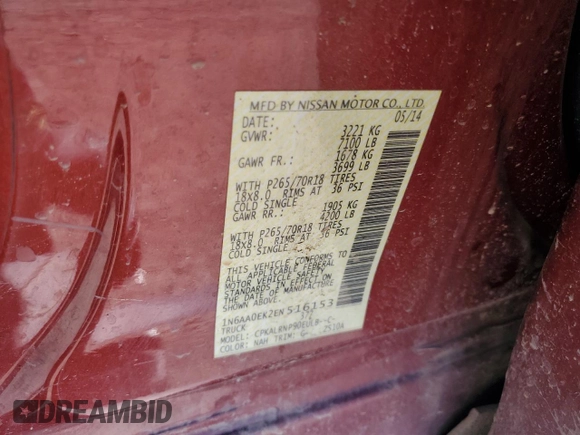 2014 Nissan Titan SV с VIN 1N6AA0EK2EN516153, выставлен на аукционе Copart как лот 57103105 с пробегом 120 451 миль миль и Списание • Salvage title. История ставок и продаж доступна на DreamBid. Изображение 12.