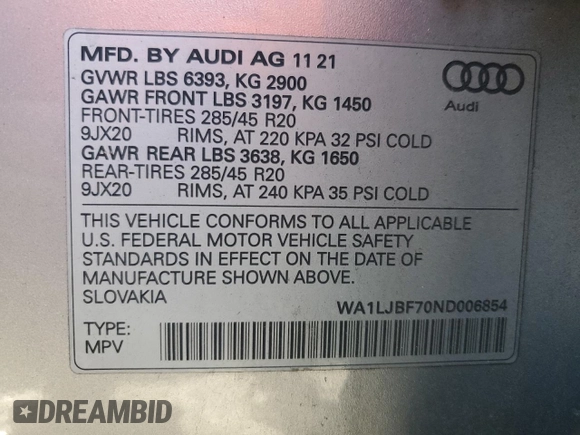 2022 Audi Q7 Premium Plus with VIN WA1LJBF70ND006854, listed as a Copart auction lot 85075634 with 33,480 mi miles and Salvage title. Bid and sale history available at DreamBid. Image 13.