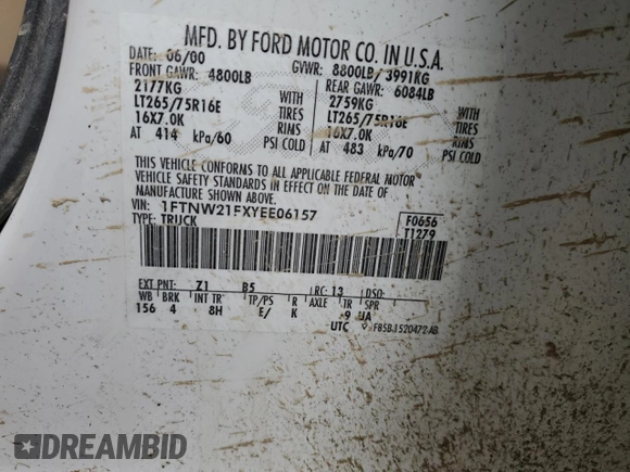 2000 Ford F-250 XL with VIN 1FTNW21FXYEE06157, listed as a Copart auction lot 51273275 with 290,990 mi miles and Salvage title. Bid and sale history available at DreamBid. Image 12.
