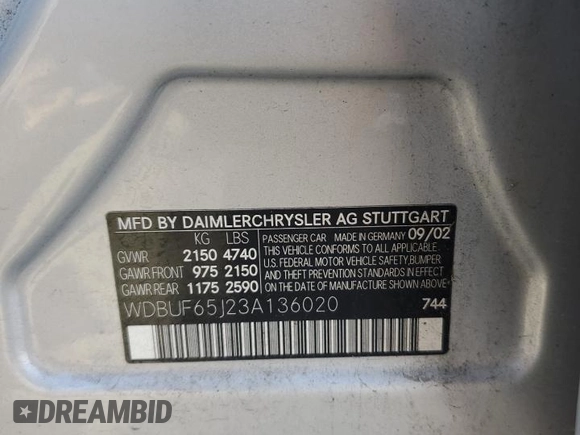 2003 Mercedes-Benz E-Class 3.2L with VIN WDBUF65J23A136020, listed as a Copart auction lot 72841244 with 172,182 mi miles and Salvage Title. Bid and sale history available at carsss.com. Image 12.
