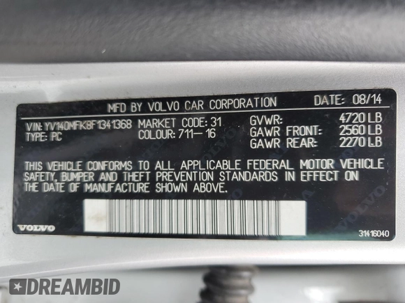 2015 Volvo S60 T5 Drive-E Premier with VIN YV140MFK8F1341368, listed as a Copart auction lot 46868965 with 119,219 mi miles and Salvage Title. Bid and sale history available at carsss.com. Image 12.