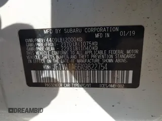 2019 Subaru WRX with VIN JF1VA1A66K9822754, listed as a IAAI auction lot 41411737 with 61,217 mi miles and . Bid and sale history available at DreamBid. Image 9.