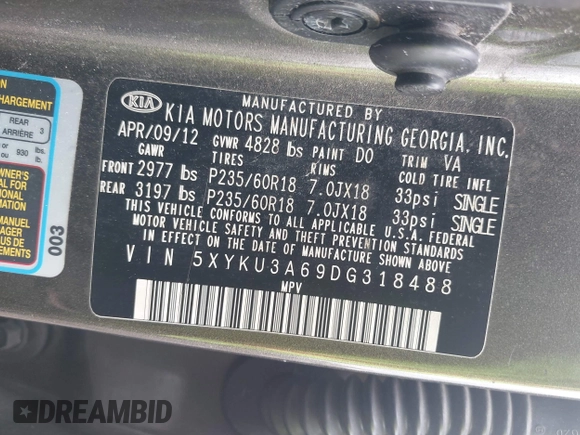 2013 Kia Sorento EX with VIN 5XYKU3A69DG318488, listed as a IAAI auction lot 42618875 with 221,080 mi miles and . Bid and sale history available at DreamBid. Image 9.