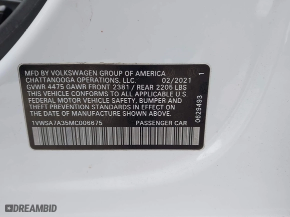 2021 Volkswagen Passat 2.0T SE with VIN 1VWSA7A35MC006675, listed as a IAAI auction lot 41634815 with 85,746 mi miles. Bid and sale history available at carsss.com. Image 9.
