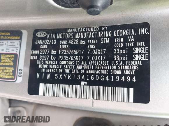 2013 Kia Sorento LX с VIN 5XYKT3A16DG419494, выставлен на аукционе IAAI как лот 42501875 с пробегом 152 100 миль миль и . История ставок и продаж доступна на DreamBid. Изображение 9.