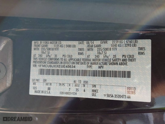 2014 Ford Escape Titanium with VIN 1FMCU9JXXEUE45634, listed as a IAAI auction lot 41840303 with 109,692 mi miles. Bid and sale history available at carsss.com. Image 9.