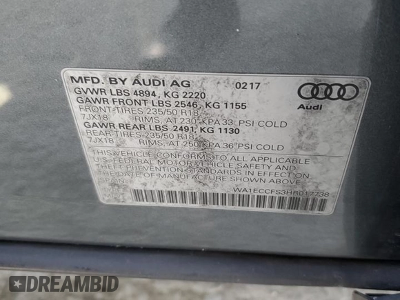 2017 Audi Q3 Premium with VIN WA1ECCFS3HR017738, listed as a Copart auction lot 48962775 with 22,551 mi miles and Salvage Title. Bid and sale history available at carsss.com. Image 14.