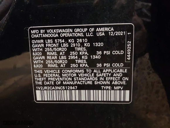 2022 Volkswagen Atlas 3.6L V6 SE w/Technology with VIN 1V2JR2CA3NC512947, listed as a IAAI auction lot 41721006 with 32,853 mi miles. Bid and sale history available at carsss.com. Image 9.