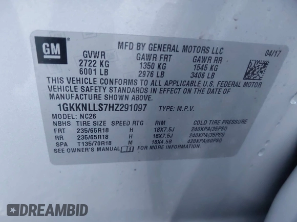 2017 GMC Acadia SLE with VIN 1GKKNLLS7HZ291097, listed as a IAAI auction lot 40665634 with 76,860 mi miles. Bid and sale history available at carsss.com. Image 9.