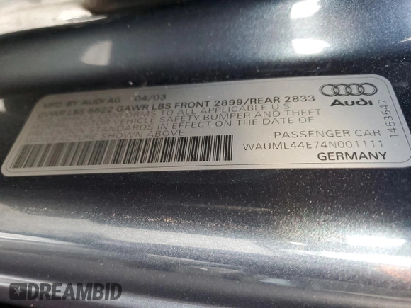 2004 Audi A8 L with VIN WAUML44E74N001111, listed as a Copart auction lot 88940235 with 220,191 mi miles and Salvage Title. Bid and sale history available at carsss.com. Image 14.
