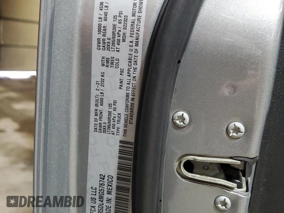 2021 Ram 2500 Big Horn with VIN 3C6UR5DL4MG576742, listed as a Copart auction lot 60440875 with 63,770 mi miles and Salvage title. Bid and sale history available at DreamBid. Image 13.