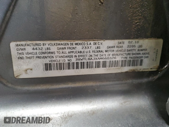 2010 Volkswagen Jetta with VIN 3VWTL8AJXAM660326, listed as a Copart auction lot 57861165 with 272,518 mi miles and Non repairable. Bid and sale history available at DreamBid. Image 12.
