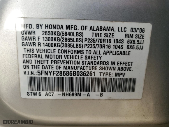 2006 Honda Pilot EX-L with RES with VIN 5FNYF28686B036261, listed as a Copart auction lot 46891555 with 203,992 mi miles and Salvage Title. Bid and sale history available at carsss.com. Image 13.