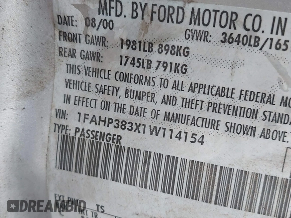 2001 Ford Focus ZTS with VIN 1FAHP383X1W114154, listed as a IAAI auction lot 42114666 with 198,248 mi miles and . Bid and sale history available at carsss.com. Image 9.