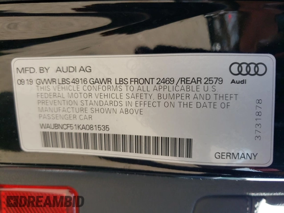 2019 Audi A5 Sportback Premium Plus with VIN WAUBNCF51KA081535, listed as a Copart auction lot 52078923 with 18,867 mi miles. Bid and sale history available at carsss.com. Image 15.