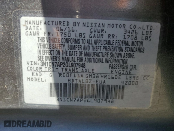 2016 Nissan Versa SV with VIN 3N1CN7AP2GL907948, listed as a Copart auction lot 56060485 with 114,108 mi miles and Salvage Title. Bid and sale history available at DreamBid. Image 12.