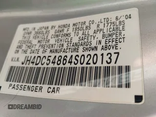 2004 Acura RSX with VIN JH4DC54864S020137, listed as a IAAI auction lot 41419990 with 195,509 mi miles. Bid and sale history available at carsss.com. Image 9.